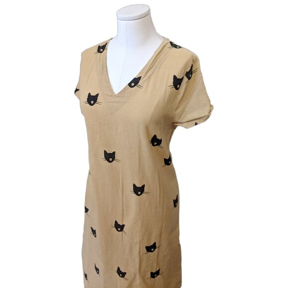 Miss Look Womens V Neck Cat Print T Shirt Dress Beige Summer Casual Comfy Sz L - Picture 2 of 9